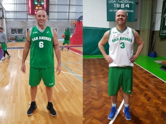 Con una gran actuación de Pablo Alarcón (izquierda), Eduardo &quot;la Oveja&quot; Barbosa tuvo el mejor festejo de sus 50, con amigos y triunfo jugando al básquet.