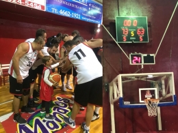 El Mini DT Pietro Mirenna, hijo de&quot;Duque, da la arenga al equipo de Morón (izquierda) que le ganó un duro partido a All Boys por 73-63 (derecha)