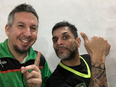 Dos locos del básquet (juegan 3y 4 veces por semana). Ariel Sarraute y Marcelo "Chelo" Quevedo, desbordan optimismo de cara a los juegos que se vienen.