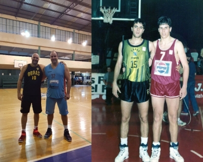 25 años no son nada: a la izquierda Diego Ricci (Obras) y Ariel Acevedo (Harrods) rivales de +35 2017. A la derecha los mismos jugadores en 1992, en ocasión de un duelo entre Obras y Sportivo Pilar.
