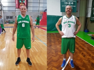 Con una gran actuación de Pablo Alarcón (izquierda), Eduardo &quot;la Oveja&quot; Barbosa tuvo el mejor festejo de sus 50, con amigos y triunfo jugando al básquet.